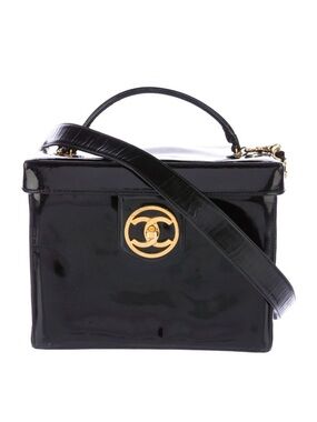 Rare CHANEL Black Patent Vanity Bag Case Gold CC vintage collectible +Auth Card